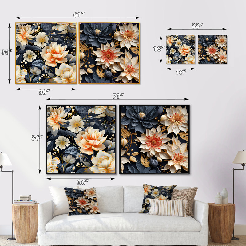 «Peach Ethereal Elegance Floral Blooms», ensemble de 2 collages floraux carrés, Cadre flottant noir, H 36 po x l 73 po