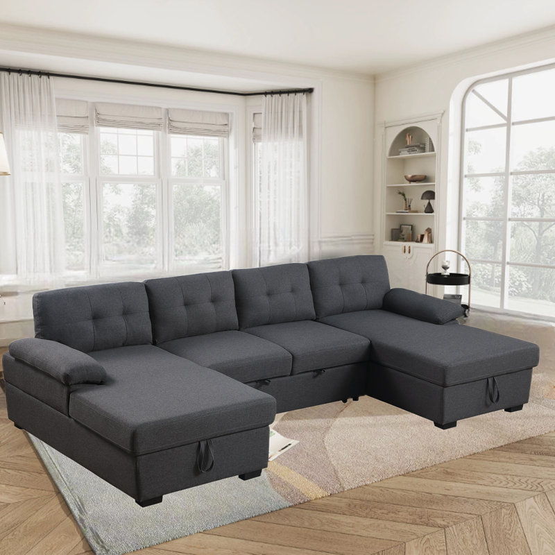 Upholstered Double Chaise Pull-out Sleeper Sectional with Storage, Dark Gray Polyester Blend