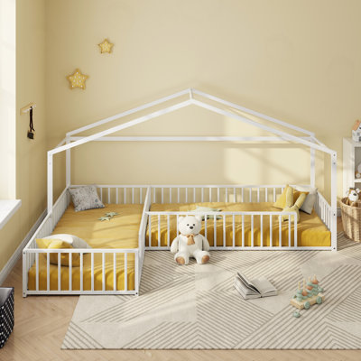 Double Twin Size L-Shaped House Bed Frame with Fence