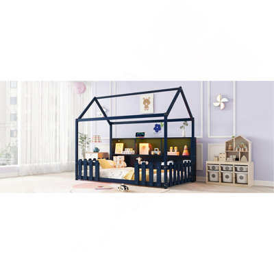 Lit simple avec lumière DEL, lit maison en bois avec bibliothèque de rangement, lit maison au sol