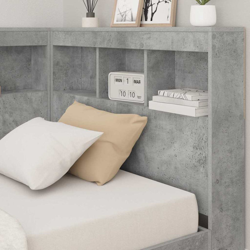  Storage Headboard With Shelf 90 Cm Engineered Wood, Concrete Grey, 76.5cm H x 207.5cm W x 107.5cm D