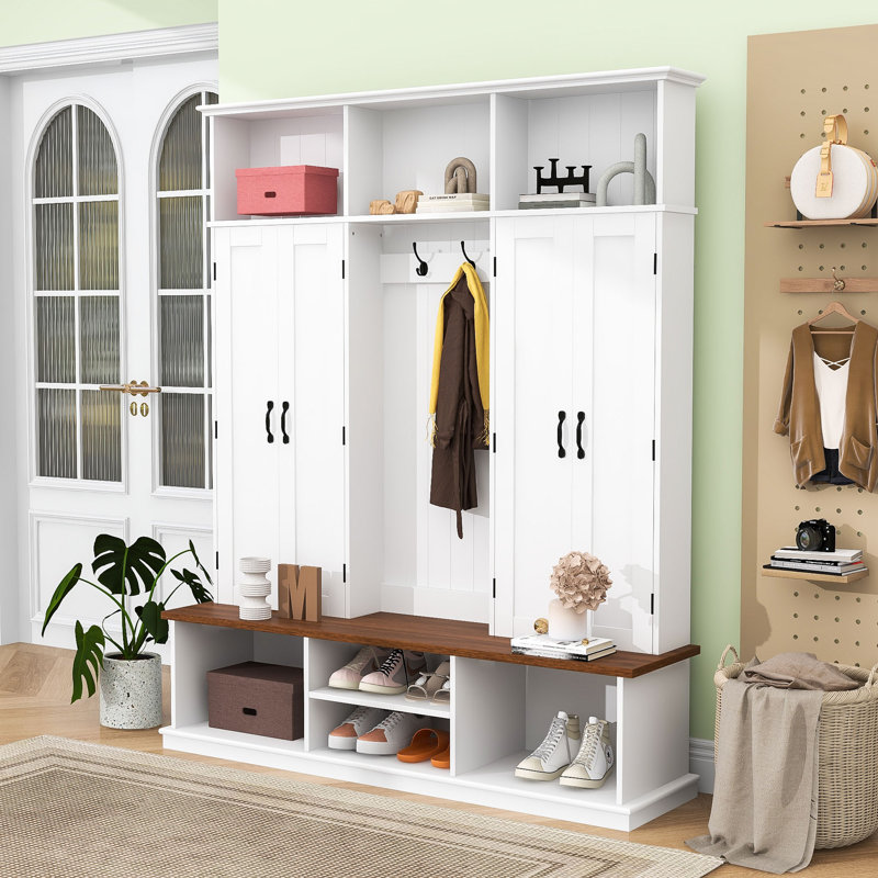 Hall Tree with Storage Bench, Hooks, Cubbies and Cabinets, White