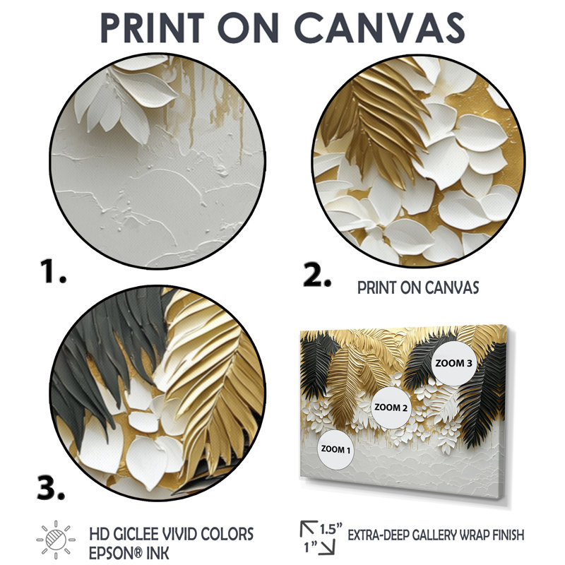 «Cordis Golden Plams Midnight Collage I» - art mural palmiers et palmiers, H 12 po x l 20 po, Noir, noir, noir, noir