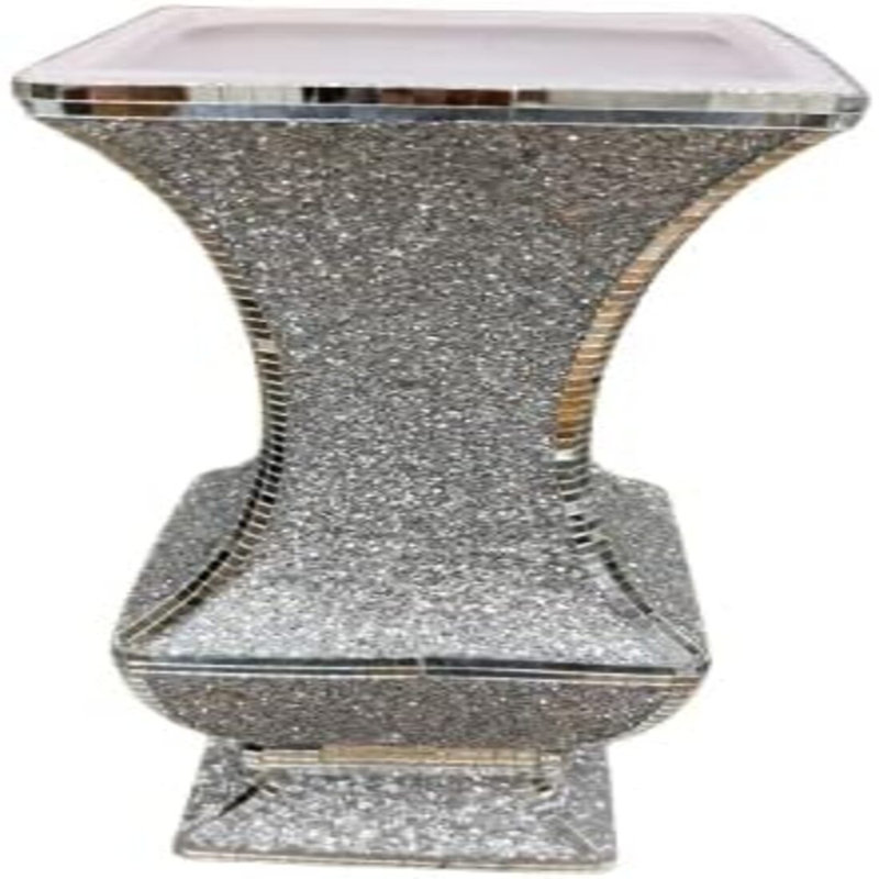Crushed Jewel Diamanate Square Shaped Crystal Vase Silver Design With Mirrored Border Art Deco Style ( Small )