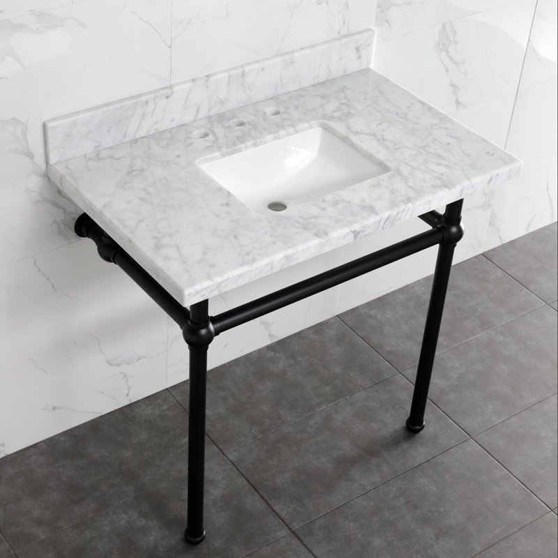 Kingston Brass Templeton 36-Inch Carrara Marble Console Sink with Brass Legs (8-Inch, 3-Hole), White/Matte Black