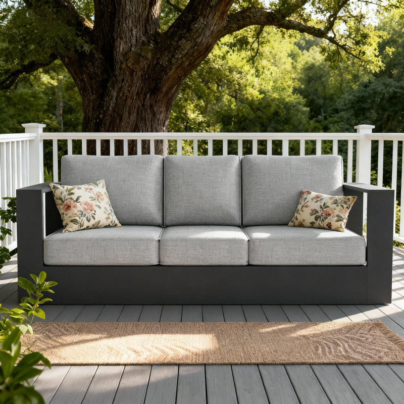 Modern Outdoor Aluminum 3-seater Sofa With Cushions, Gray Cushion/Black Frame