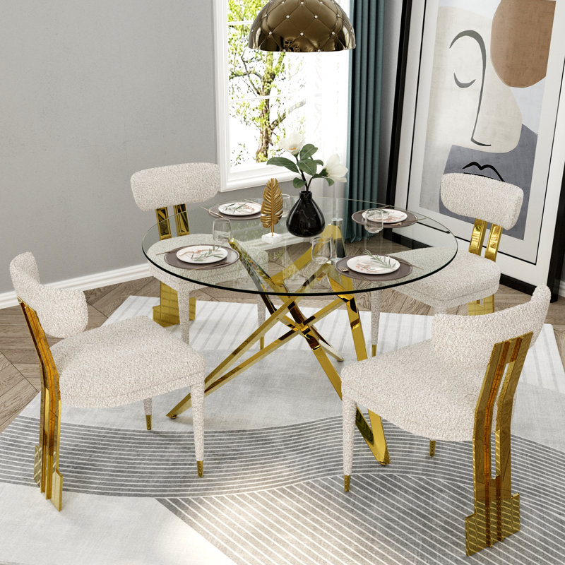 47 Inch Round Glass Top Metal Base Dining Table, Gold