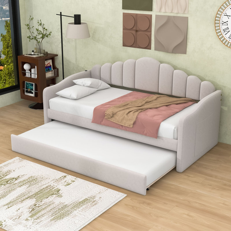 Twin Size Velvet Daybed with Twin Trundle and USB Charging Ports, Beige