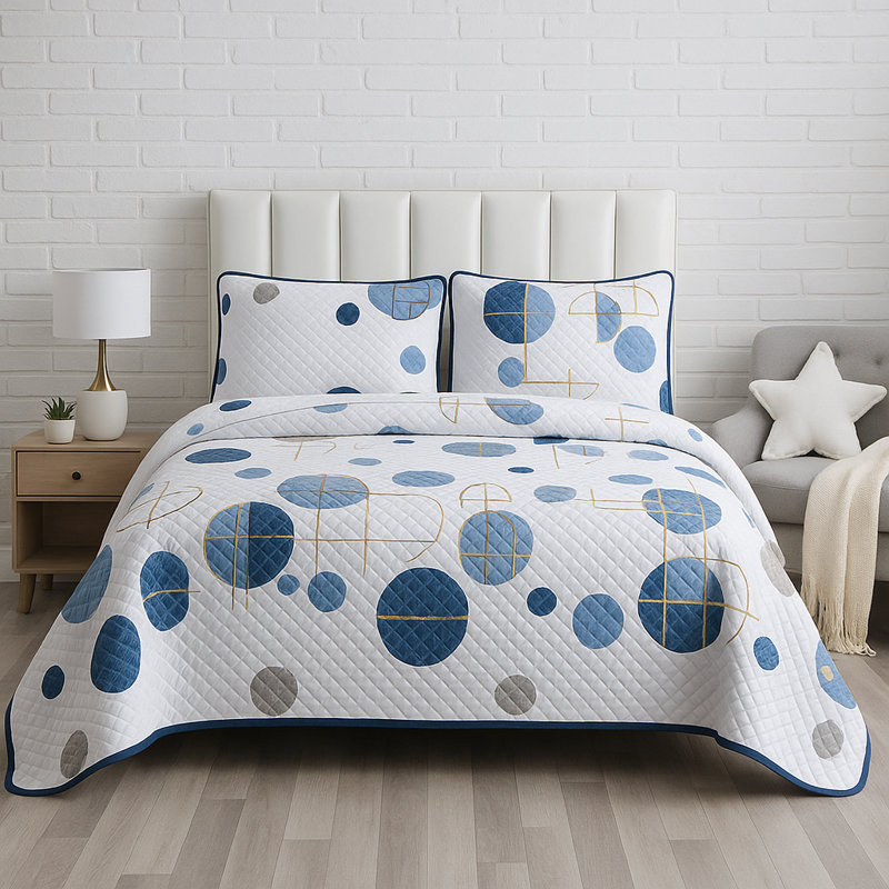 Sateen Geometric Shapes Quilt, White/Blue, California King Quilt + 2 Shams
