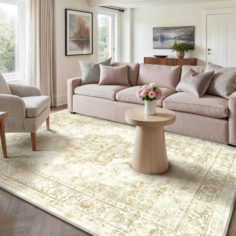Marnia Machine Washable Oriental Beige Area Rug, Rectangle 6' x 9', Beige