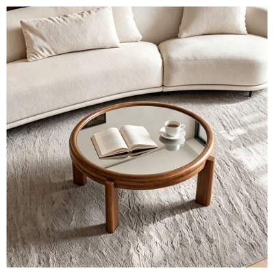 Table basse ronde de 33,5 po avec plateau en miroir argenté, structure en bois massif et pieds cylindriques, table de salon Mid-Century rétro en chêne miel pour le salon