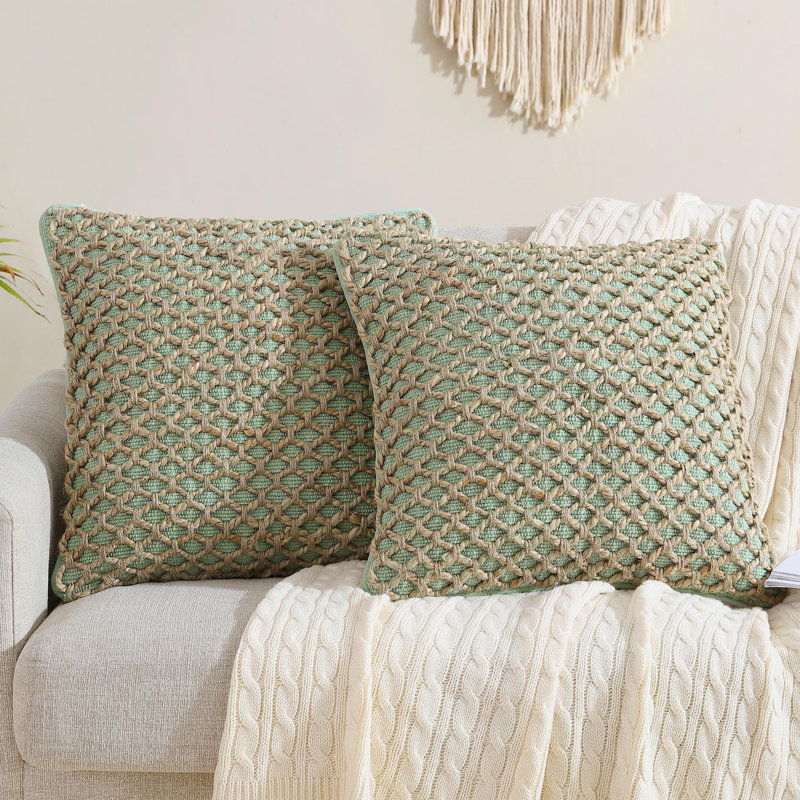 Boho Living Jada Decorative Pillow Collection Jute/Cotton Indoor Square Throw Pillow with & Insert, Sage Green, 18" x 18"