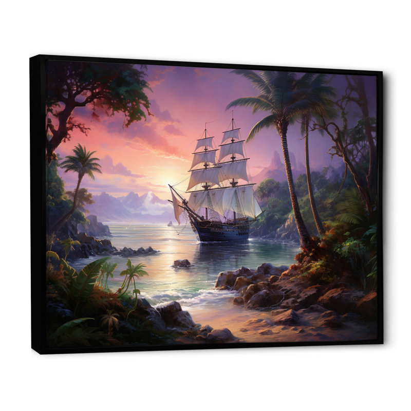 Bateau pirate, île perdue - Transport, impressions sur toile, H 24 po x l 32 po x P 1 po, Cadre flottant noir