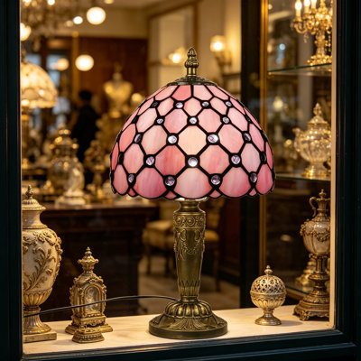 Petite lampe de table de style Tiffany, lampe de bureau en vitrail de 8 pouces avec 3 températures de couleur, lampe de chevet pour le bureau de la chambre à coucher, salon, rose