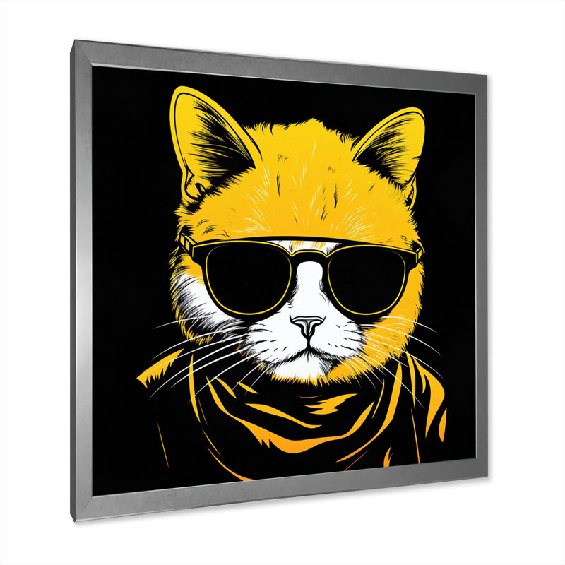 Chat froid avec lunettes de soleil I - imprimé, H 30 po x l 30 po x P 1 po, Cadre simple argenté