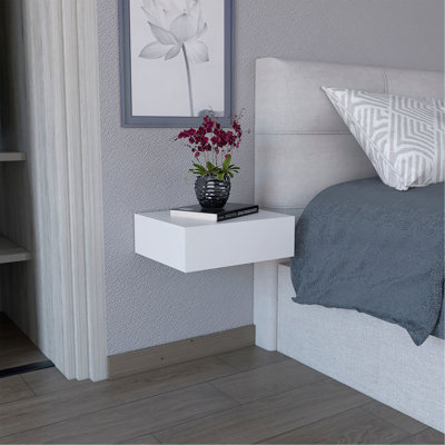 Table de chevet flottante Milano, table de bout, table d'appoint murale avec tiroir - blanc - chambre à coucher