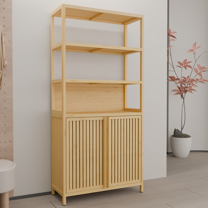 Étagère de rangement à deux portes de 64 pouces de hauteur à deux portes avec tiroirs et plateau de table large pour l'organisation de la salle de bain, tiroirs naturels à grande capacité multi-scène, plateau de table, 2 tablettes ouvertes, tablettes intérieures, couleur, magnétique