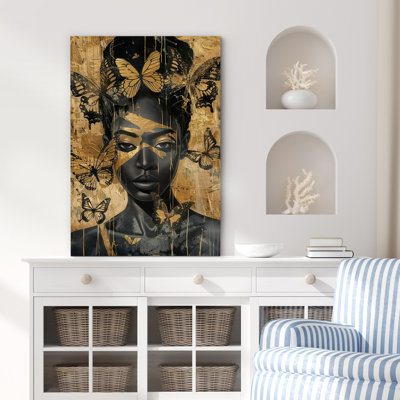 Elegance Butterfly African American Female Portrait Modern Rustic Artwork Framed Canvas Print Wall Art