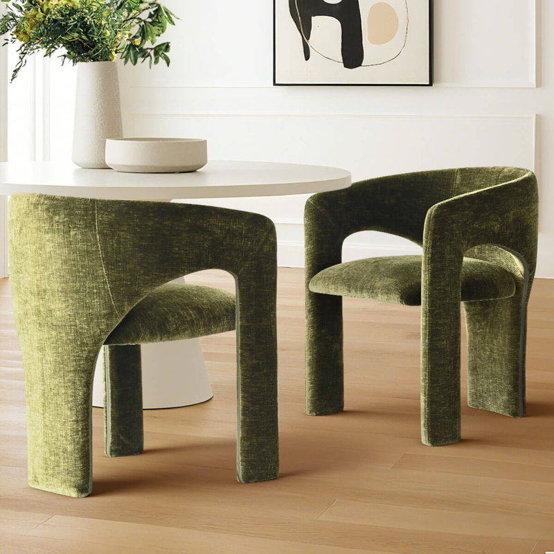 Set of 2 Modern Upholstered Dining Chairs With Curved Back And Unique Base, Green