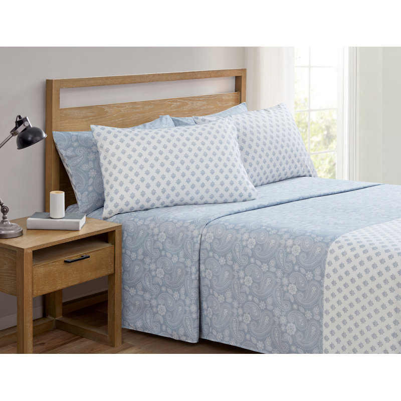 Ensemble de draps à motif cachemire bleu, Ensemble de draps pour taille de lit très grand c