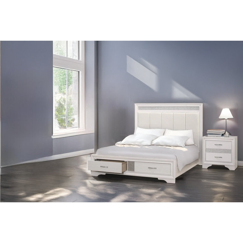 Lit plateforme tapissier avec rangement Erika, Grand, Blanc