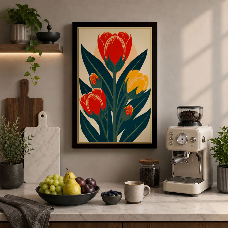 Tulip Triptych Art Deco - Wrapped Canvas, 36x24 - 91.4 x 61.0 cm, Ochre Border