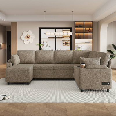 109.9" Sectional Sofa Versatile Sofa Bed Sofa Sleeper U-Shaped Sofa With Ample Storage Space, Two Cup Holders And Charging Ports