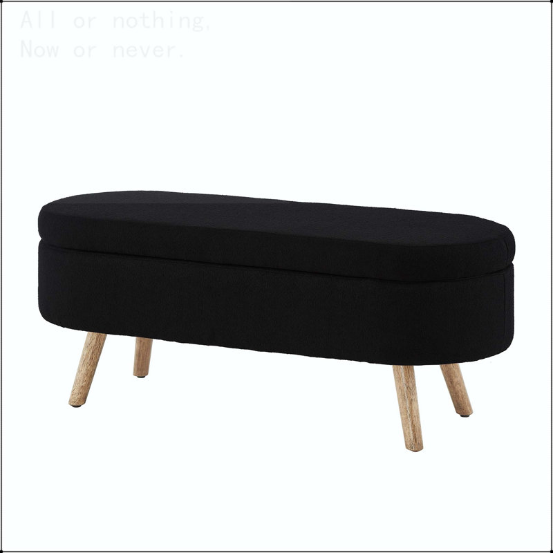 Luxury Oval Boucle Storage Ottoman Bench with Wood Legs, Black