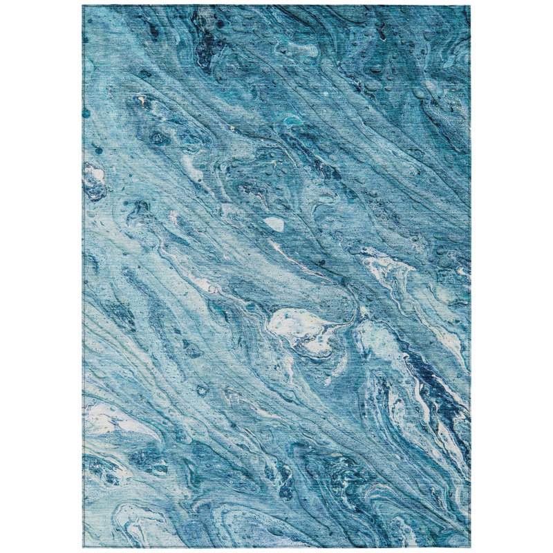 HomeRoots 3' X 5' Sky Blue And Navy Blue Abstract Washable Indoor Outdoor Area Rug