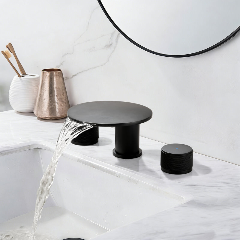 Robinet de lavabo pour salle de bain à 2 poignées en laiton massif avec drain, Noir mat, Drainage inclus
