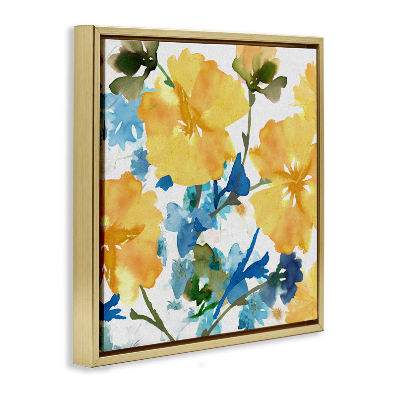 Hibiscus jaune et bleu, H 18 po x l 18 po, Cadre flottant métallique doré