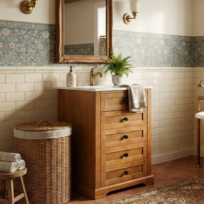 20" Natural Wood Grain Bathroom Vanity, Solid Wood Frame Farmhouse Cabinet With Ceramic Sink & Adjustable Storage
