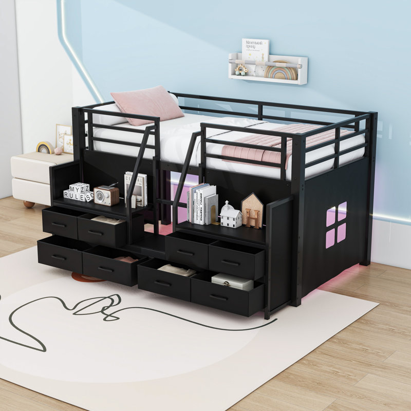Lit mezzanine bas 8 tiroirs avec éclairage à DEL et zone d'activité sous le lit, Black