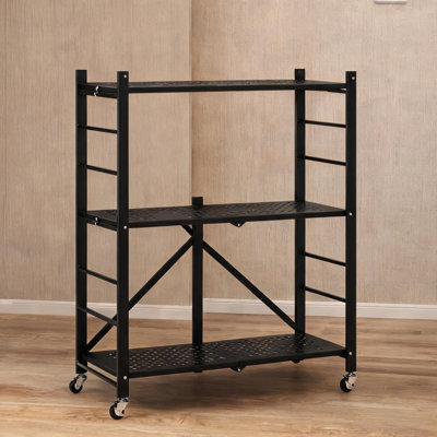 Classic black Q235 steel 3-tier foldable storage shelf with wheels, space-saving movable shelving for home organization in small spaces and outdoor use
