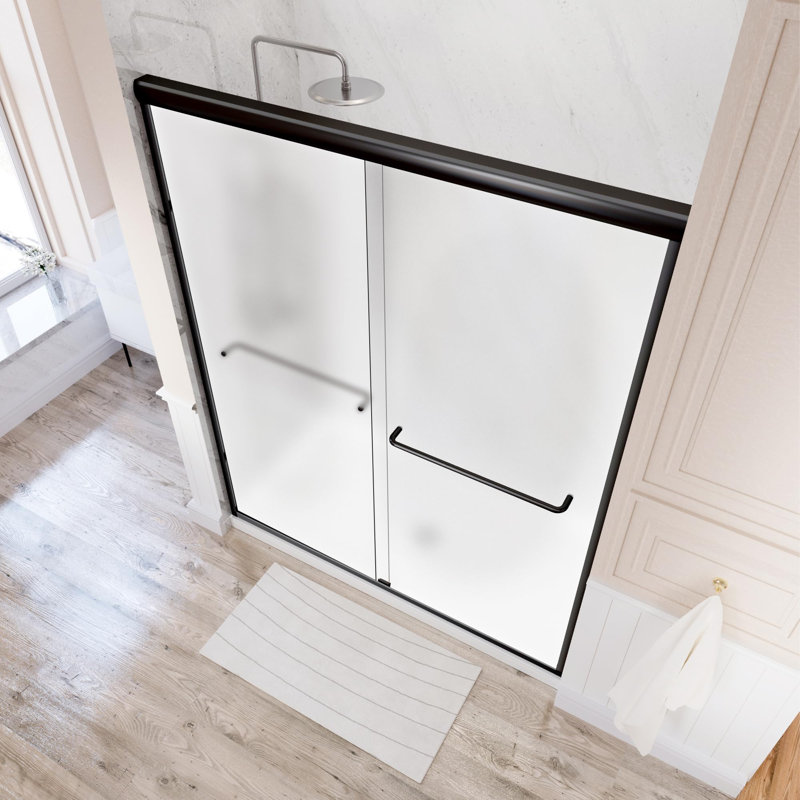 44" - 48'' W X 72'' H Double Sliding Door Semi-Frameless Shower Door With Two Black Towel Bars, Frosted