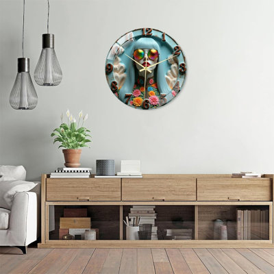 Floral Pattern With Bright Colors And Clock Design Art - 16'' Modern Glass Wall Clock