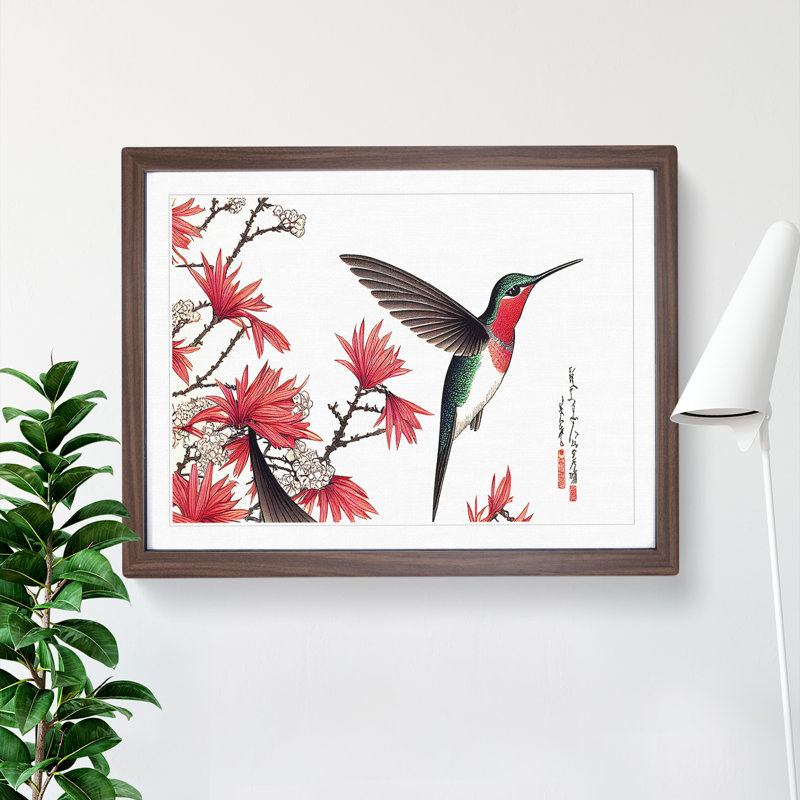 Japanese Hummingbird - Single Picture Frame Print, 25cm H x 34cm W x 2cm D, Walnut