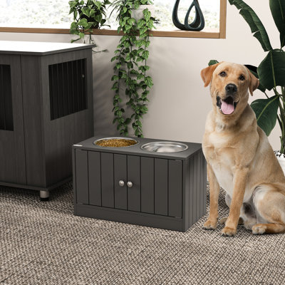 Gray Elevated Pet Food Bowls With Storage, For Large Pets Dog Cabinet, Gray, Raised Feeding Station