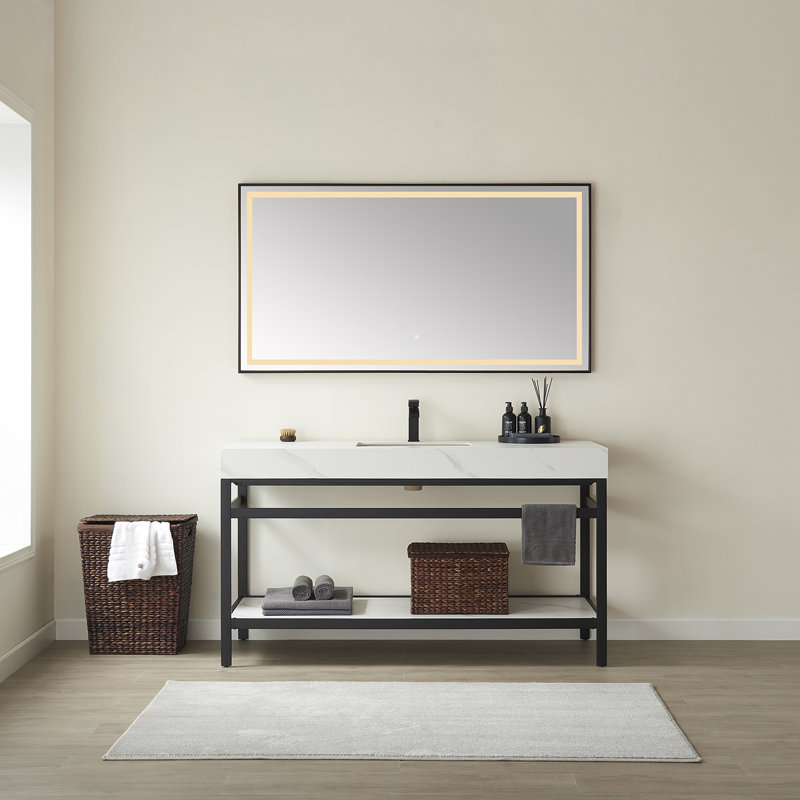 Funes 60" Matte Black and White Single Bathroom Vanity with Stone Top