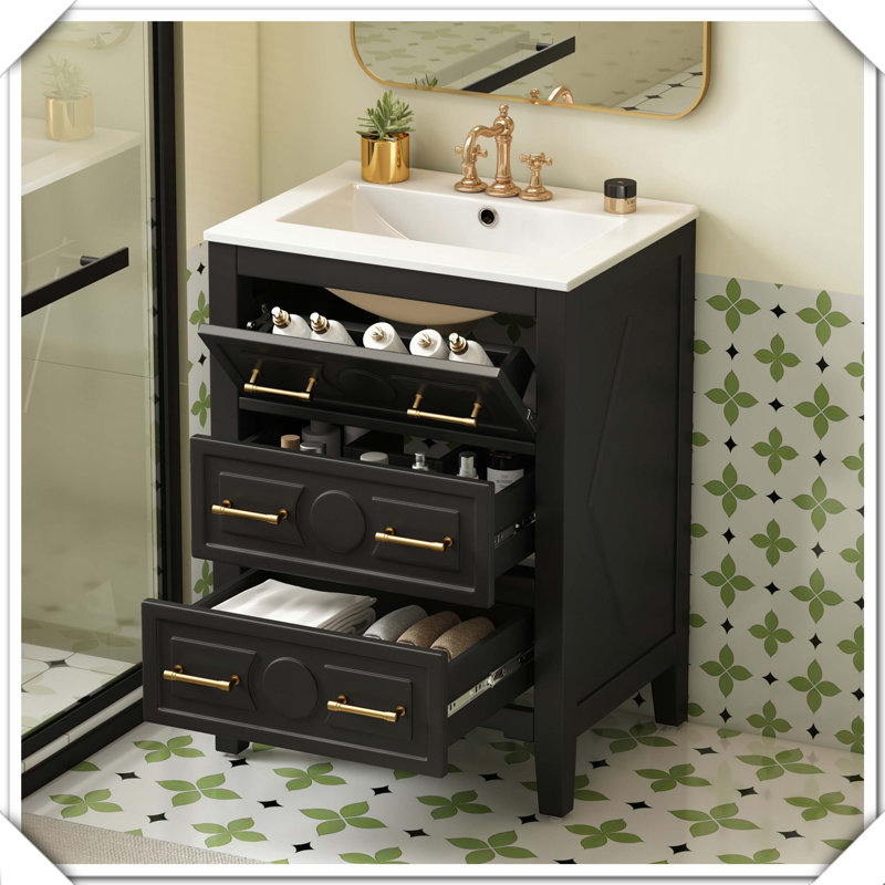Meuble-lavabo autoportant en bois massif avec lavabo en céramique 3 tiroirs, Noir