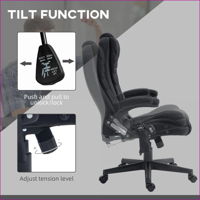 Fauteuil de massage avec vibration à 6 points Chaleur lombaire, dossier haut réglable | Noir | Tissu d'aspect lin, Tissu noir