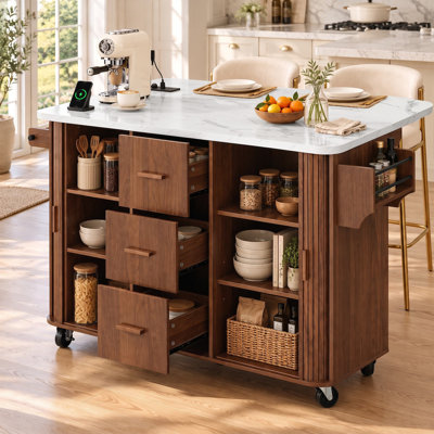 53.5'' Rolling Kitchen Island  Sliding Doors with Drop Leaf and Power Outlet,3 Drawers,2 Doors