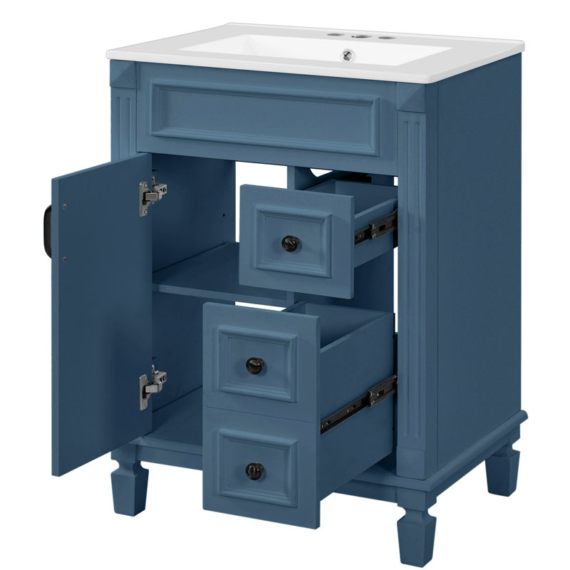 Meuble-lavabo 24 po avec lavabo en céramique, rangement intelligent pour les petites salles de bain, 2 tiroirs, tablette réglable, lavabo