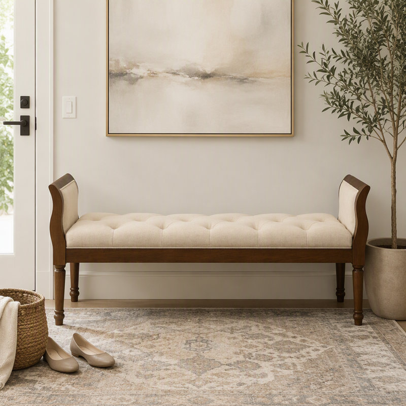 Banc rembourré moderne avec accoudoirs courbés, Beige, noyer