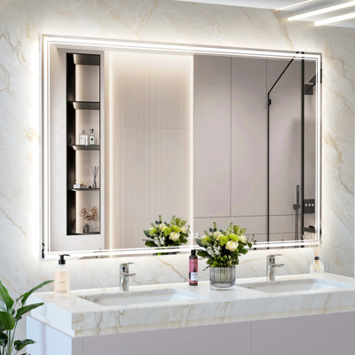 Miroir de salle de bain 60 po x 40 po avec DEL, imperméable et sécuritaire, 3 options de couleur, cadre en aluminium, contrôle intelligent, grande applique murale pour salle de bain, fiable, modes,