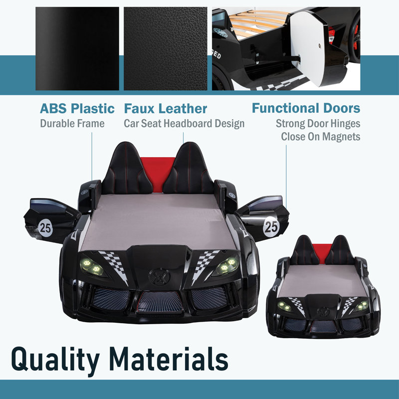 Lunnie Twin Race Car Bed with LED Lights and Remote Sounds, Black