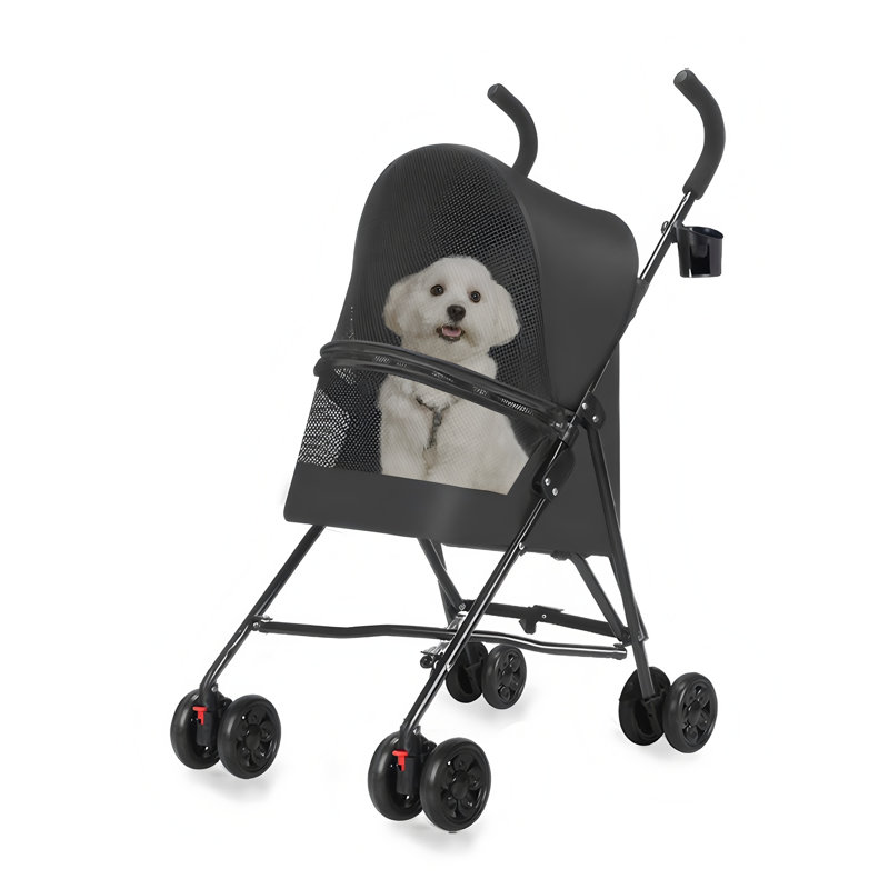 Pet Stroller For Small Dogs/Cats, Lightweight Foldable, Mesh Vent, Cup Holder, Black