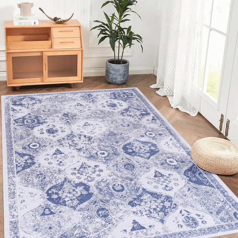 Washable Blue Area Rug 5' X 8' - Non-Slip, Low-Pile, Stain For Dining Room, Bedroom, Kitchen Pet & Captivating 5X8 Foldable, Low-Pile Living Kitchen, Room Exquisite
