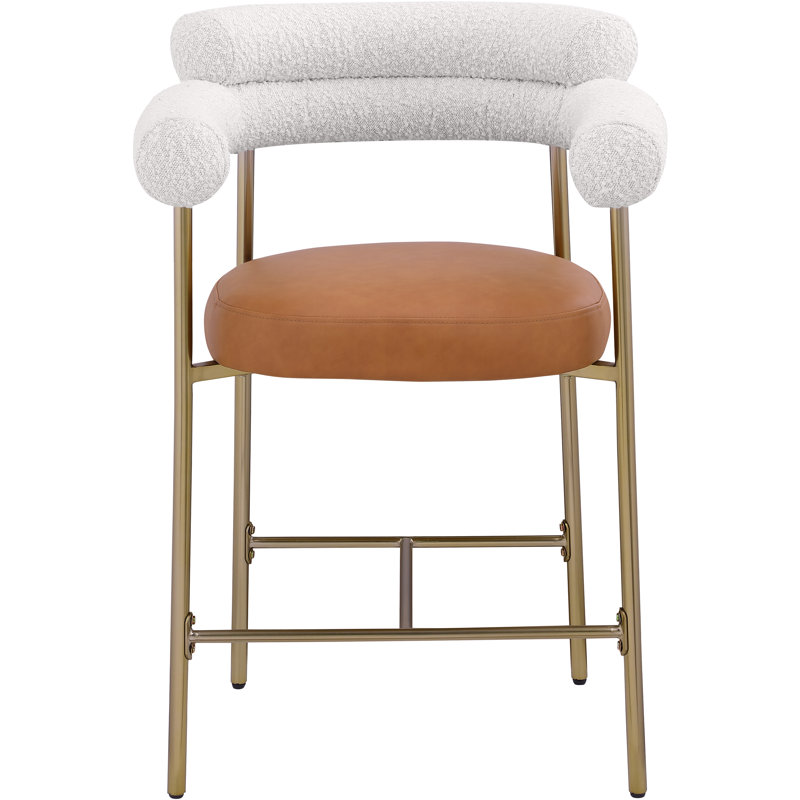 Tabouret de comptoir 26 po Blake, Or brossé, Cognac, Cuir végétalien / tissu bouclé