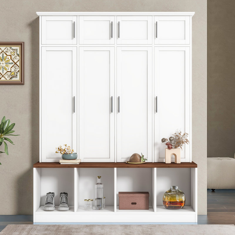 Versatile Hall Tree With 4 Hanging Hooks, Brown Wood Grain Bench With Multiple Storage Space, Entryway Cabinet With Open Compartments For Living Room, Hallway